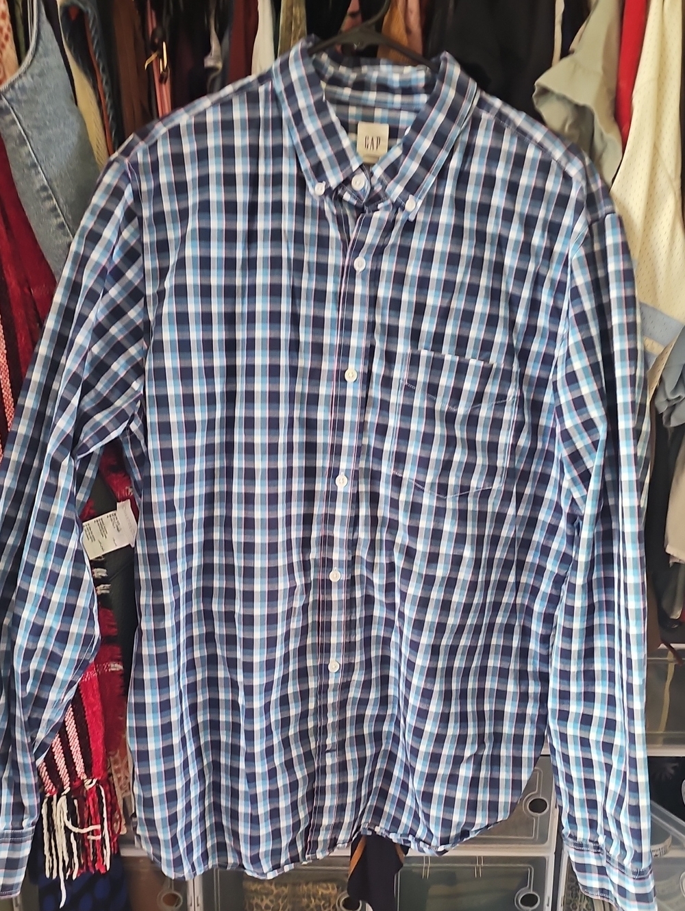 GAP Men’s Navy and Light Blue Plaid Button-Down Shirt